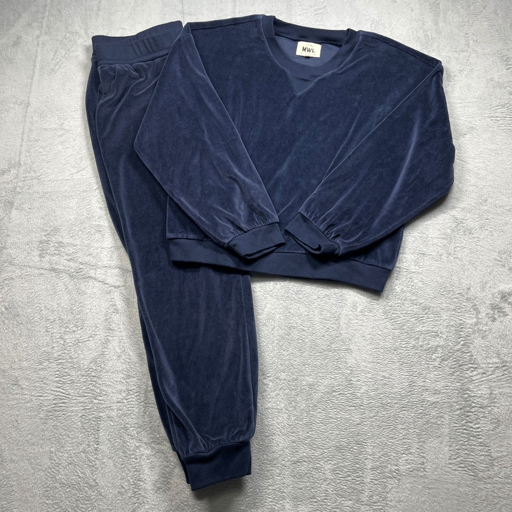 Madewell MWL Velour Sweatshirt Jogger Set Women Navy Blue Loungewear L